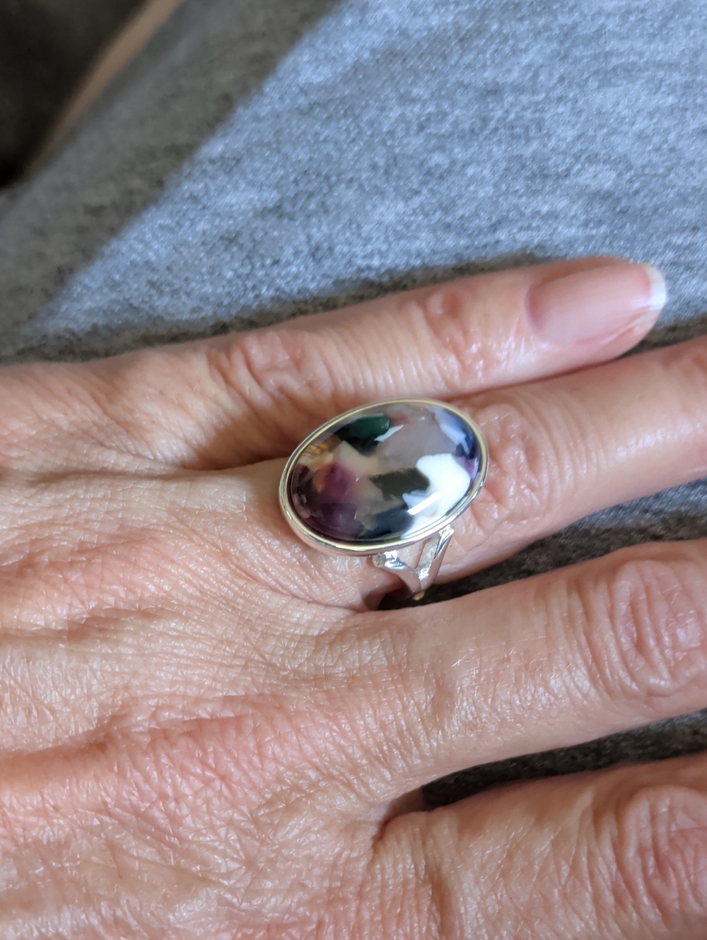 Silver Multicolor Floral Cabochon Ring